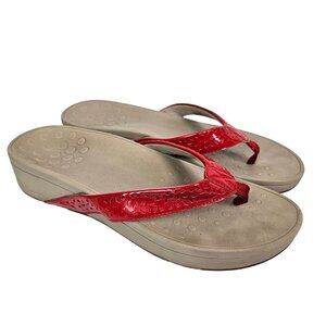 Vionic Zuma Red Faux Patent Leather Wedge Thong Orthotic Comfort Sandal 9